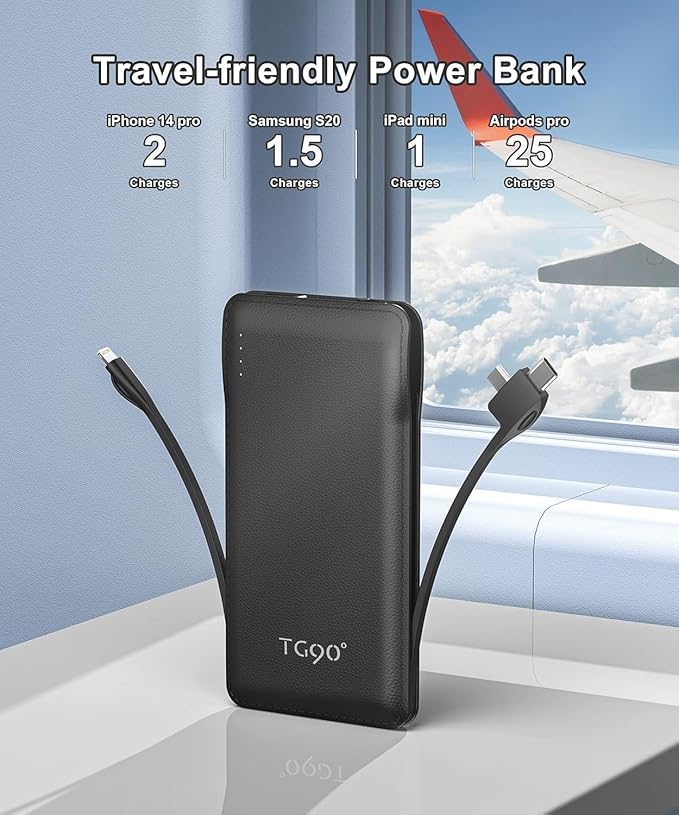 TG90° Portable Charger with Cords 10000mAh Power Bank with Built in Cables Battery Backup Cell Phone External Battery Pack Compatible with iPhone 17 16 15 14 13 12 Samsung S22 S21 Google iPad
