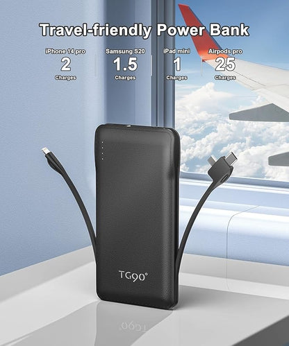 TG90° Portable Charger with Cords 10000mAh Power Bank with Built in Cables Battery Backup Cell Phone External Battery Pack Compatible with iPhone 17 16 15 14 13 12 Samsung S22 S21 Google iPad