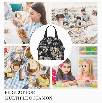 bassyil Skull Insulated Lunch Bag Reusable Lunch Box With Adjustable Shoulder Strap Cooler Tote Bag For Men Women
