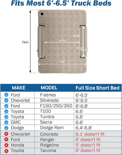 JOYTUTUS Truck Bed Air Mattress for 6.4-6.7Ft, Full Size Regular Beds for Pickup Outdoor Camping, Truck Tent Accessories with Carry Bag & Cup Holder & Cavity Design, Camel&Black