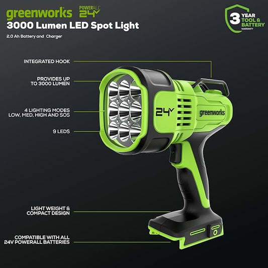 Greenworks 24V LED Handheld Spotlight with 765 Yard Distance, Cordless 3000 Lumen Work Light with 2Ah Battery and Charger