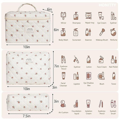 Makeup Bag,Quilted Cosmetic Bags,Large Floral Make Up Organize bag,Makeup Bag Set for Women,Flower Travel Toiletry Bag