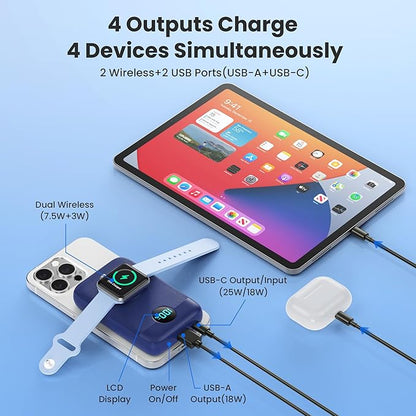 Magnetic Portable Charger for iPhone, 10800mAh 4-in-1 Wireless Power Bank with iWatch Charger, 25W PD Fast Charging Battery Pack for Magsafe, iPhone 16/15/14/13/12 Series, Apple Watch (Blue)