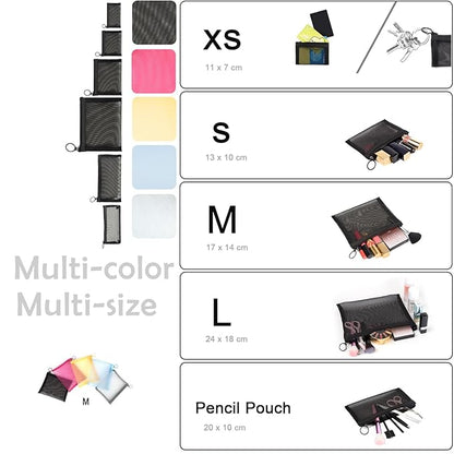 patu Zipper Mesh Bags, Size M / A6, 5 Pieces, Beauty Makeup Cosmetic Accessories Organizer, Travel Toiletry Kit Set Storage Pouch, Assorted Colors