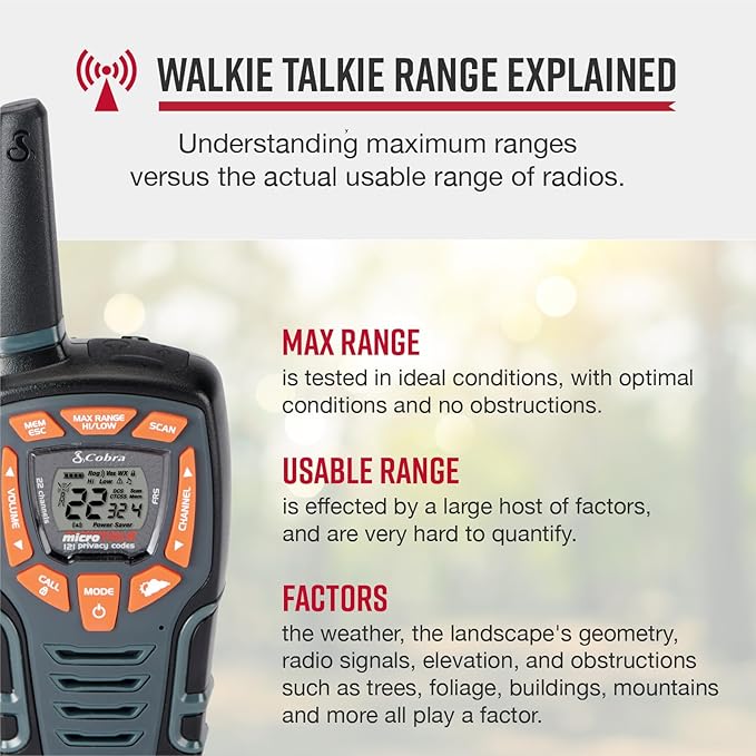 Cobra ACXT545 Weather Resistant Walkie Talkies for Adults with Compatible Cobra Surveillance Headset Microphone: Rechargeable, 22 Channels, Long Range, 2 Two-Way Radio’s, 2 Headsets, Black/Orange