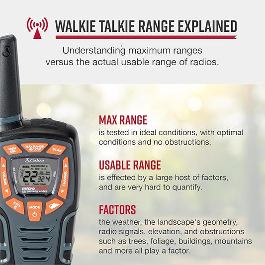 Cobra ACXT545 Weather Resistant Walkie Talkies for Adults with Compatible Cobra Surveillance Headset Microphone: Rechargeable, 22 Channels, Long Range, 2 Two-Way Radio’s, 2 Headsets, Black/Orange