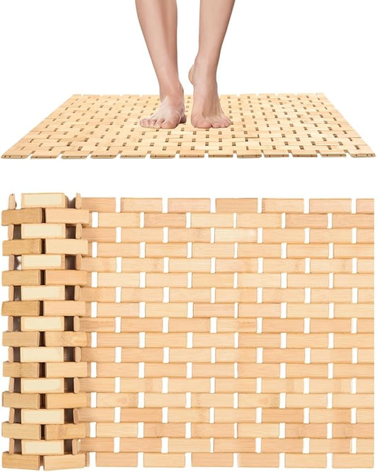downluxe Bamboo Bath Mat for Bathroom - Waterproof Bamboo Shower Mat Non Slip, Foldable Bathroom Floor Mat for Indoor & Outdoor (Natural Color, 15" X 24", Small)
