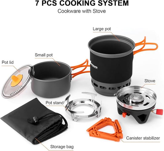 Odoland Heat Exchange Camping Pot with Backpacking Stove 7-In-1 Camping Cookware Mess Kit for Hiking, Trekking, Fishing and Picnic
