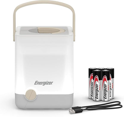 Energizer LightxPower Cube Camping Lantern, X1000 Lantern Dual Power Rechargeable and AA Battery, IPX4 Water Resistant