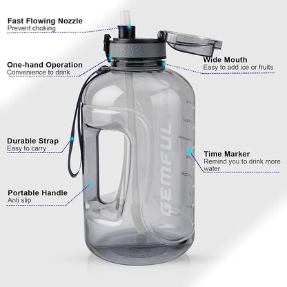 GEMFUL 3 Liter Water Bottle with Straw Time Marker Large 101oz BPA-Free Leakproof Jug for Gym Sports Hiking Motivational Tracking for Men Women (Grey with Removable Straw)