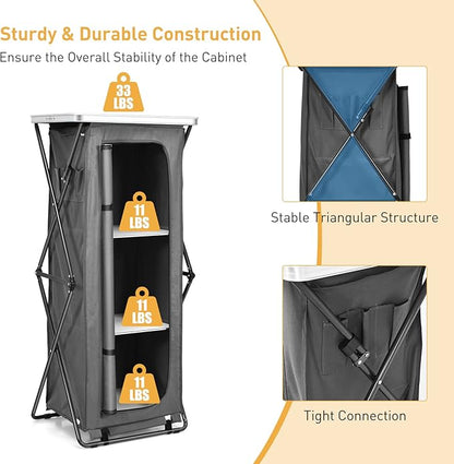 Goplus Folding Camping Storage Cabinet, Pop Up Outdoor Camping Kitchen Station with Large 3-Tier Storage Organizer, Carry Bag, Easy Set Up Portable Compact Camping Table for BBQ Picnic Backyard (55'')