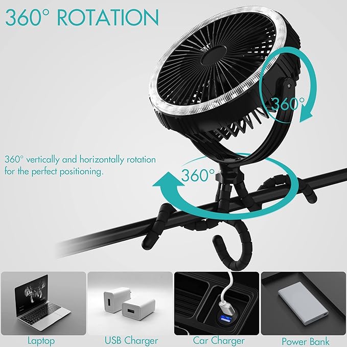 COMLIFE 10000mAh Rechargeable Camping Fan, 8-inch Battery Operated Tent Fan with Camping Light, Portable Fan with Flexible Tripod, Clip on Fan for Golf Cart, Grow Tent, Bunk Bed