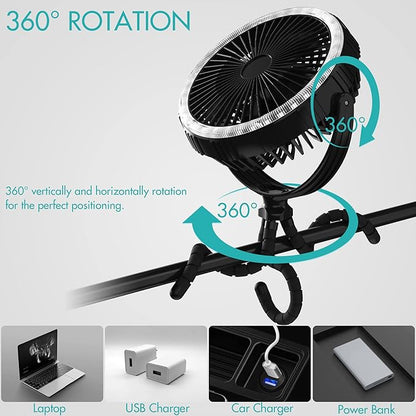 COMLIFE 10000mAh Rechargeable Camping Fan, 8-inch Battery Operated Tent Fan with Camping Light, Portable Fan with Flexible Tripod, Clip on Fan for Golf Cart, Grow Tent, Bunk Bed