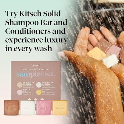 Kitsch 4pc Sampler Solid Shampoo and Conditioner Set - Rice Bar & Castor Oil Shampoo and Rice Bar & Coconut Oil Deep-Moisturizing Hair Conditioner, Zero Waste