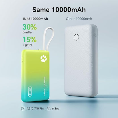 INIU PawGo Portable Charger, 45W PD 10000mAh Fast Charging Slim Power Bank, Built-in USB C Cable Battery Pack, Travel Essentials Powerbank for iPhone 16/15 Pro Max, Samsung S25/S24 etc, Tropic Punch