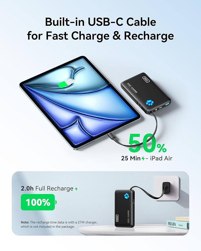 INIU 45W Portable Charger, 10000mAh Built-in USB C Cable Fast Charging Power Bank, Small Type C Battery Pack, Powerbank for iPhone 17 16 15 14, iPad, Samsung S25 S24 etc. Travel Camping Essentials
