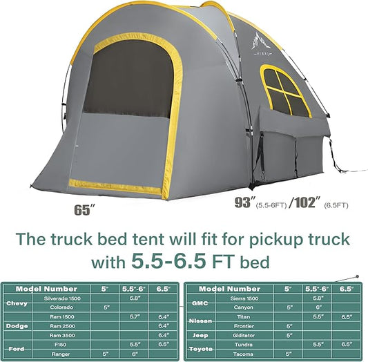 Pickup Truck Tent, Waterproof PU2000mm Double Layer for 5.5-6.0 FT Truck Bed, Portable Bed Tent for Camping, Gray