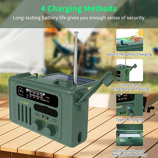 Solar Hand Crank Emergency Radio,NOAA/AM/FM with LED Flashlight & Reading Lamp,USB Type-C/Solar/Hand Crank Charging,Bluetooth Speaker,SOS Alarm&Compass for Camping Indoor Outdoor Emergencies (Green)