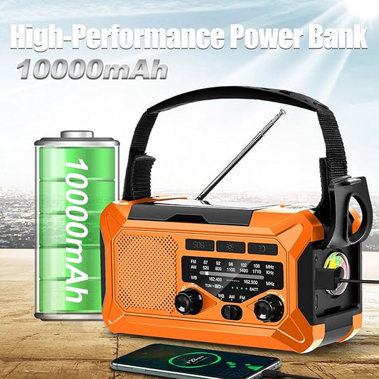10000mAh Emergency Radio,Multi-Function AM/FM/NOAA Weather Radio,Hand Crank,USB Cable 3 Charging Methods,SOS Alarm,Flashlight,Phone Charger,Compass,Reading Lamp(Tangerine)