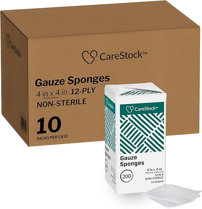 Gauze Sponge 4x4 [2000 Count] Non-Sterile Gauze Pads, 12-Ply, Medical Grade Cotton Wound Dressing for First Aid Kit, 200 Count, Pack of 10