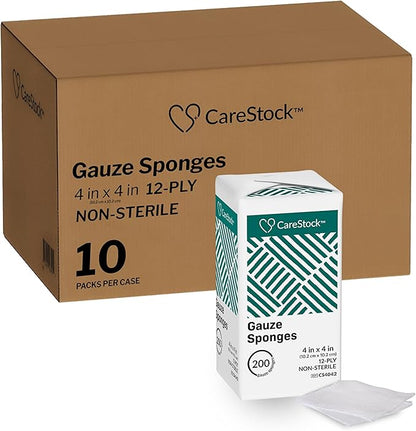 Gauze Sponge 4x4 [2000 Count] Non-Sterile Gauze Pads, 12-Ply, Medical Grade Cotton Wound Dressing for First Aid Kit, 200 Count, Pack of 10