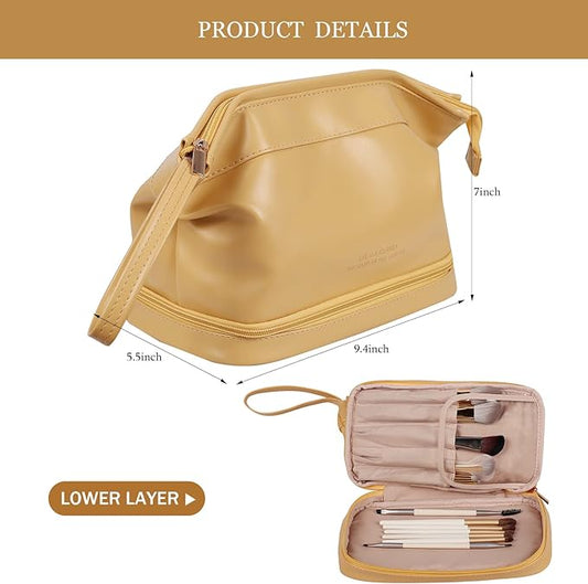 Abiudeng Large Capacity Makeup Bag Ladies Cosmetic Bag Travel Bag with Compartments Portable PU Leather Travel Makeup Bag with Handle