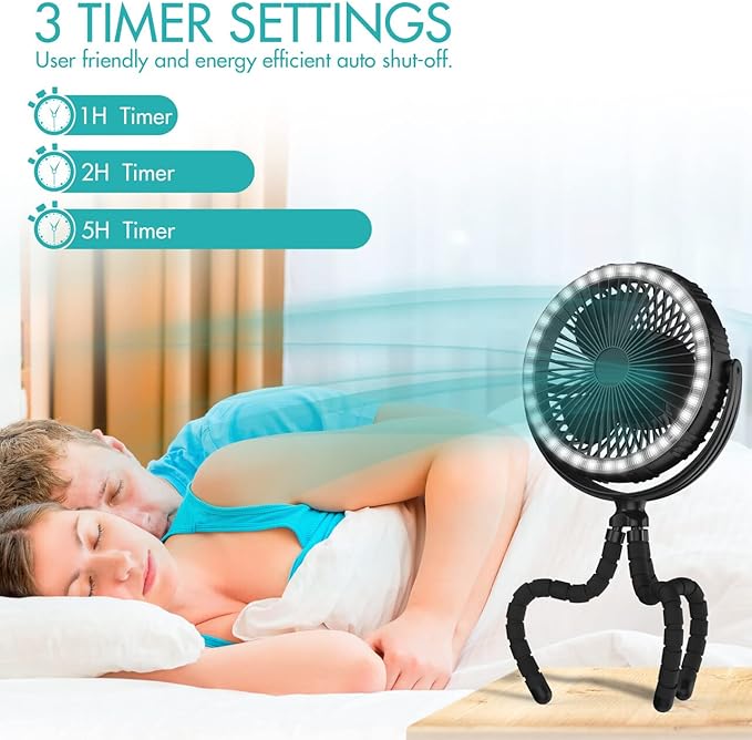 COMLIFE 10000mAh Rechargeable Camping Fan, 8-inch Battery Operated Tent Fan with Camping Light, Portable Fan with Flexible Tripod, Clip on Fan for Golf Cart, Grow Tent, Bunk Bed