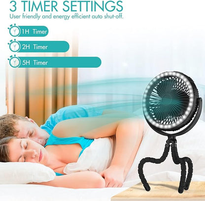 COMLIFE 10000mAh Rechargeable Camping Fan, 8-inch Battery Operated Tent Fan with Camping Light, Portable Fan with Flexible Tripod, Clip on Fan for Golf Cart, Grow Tent, Bunk Bed