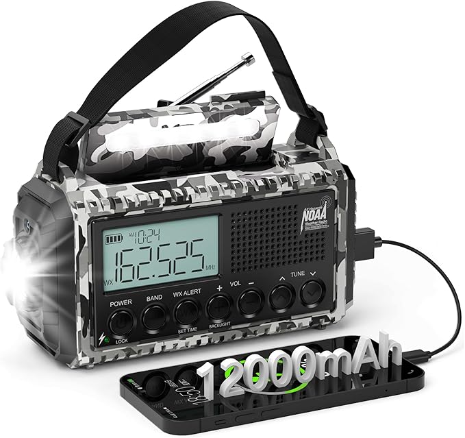 Emergency Radio 12000mAh AUTO NOAA Weather Radio, Solar Hand Crank Portable AM/FM Shortwave Radio with Rechargeable Battery Powered, Flashlight, Reading Lamp, SOS Alarm for Indoor Outdoor Emergencies