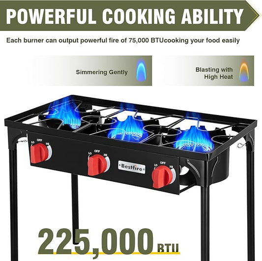 Bestfire 3 Burners Camping Stove for Cooking Outdoor, 225,000 BTU Propane Burners with Ignition wire&Removable Legs, Temperature Control Knobs and 20 PSIG High Pressure Regulator for BBQ