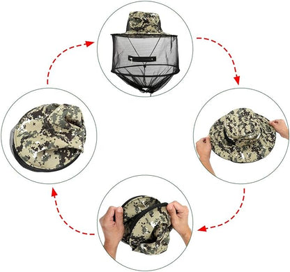 Mosquito Head Net Hat with Removable Mesh Hidden Netting, Camouflage Design with Zipper Net for Outdoor Fishing Gardening Hiking Face Cover (Digital Camouflage)