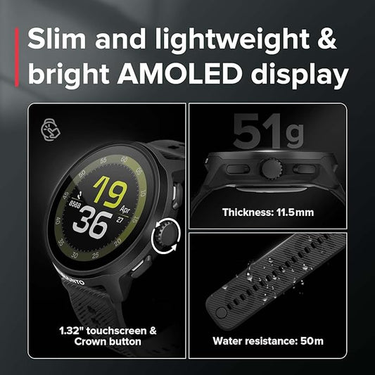 SUUNTO Run Running GPS Sports Watch with Silicone Strap, 1.32" AMOLED Touchscreen w/Crown Button, Wrist Heart-Rate & Sleep Health Tracking, Black