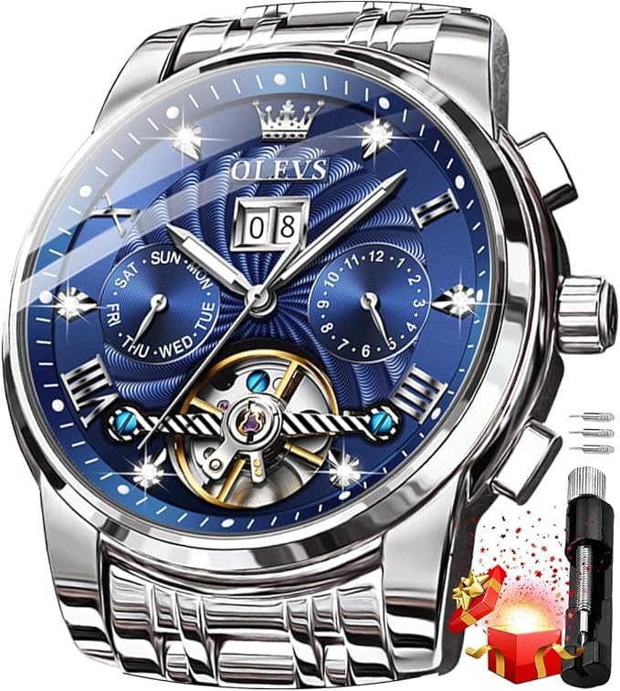 OLEVS Mens Automatic Watches Gold Luxury Diamond Dress Self Winding Mechanical Skeleton Tourbillon Stainless Steel Wrist Watch