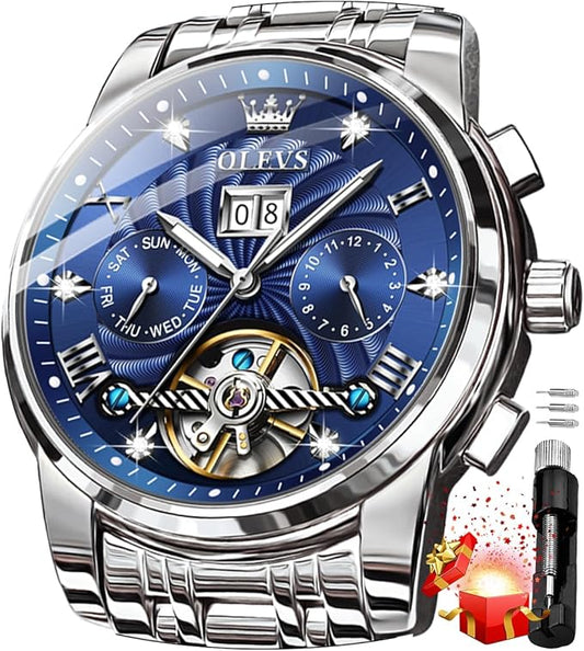 OLEVS Mens Automatic Watches Gold Luxury Diamond Dress Self Winding Mechanical Skeleton Tourbillon Stainless Steel Wrist Watch