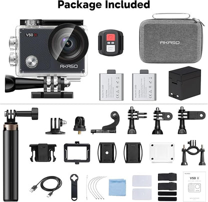 AKASO V50X Native 4K30fps WiFi Action Camera with EIS Touch Screen 4X Zoom 131 feet Waterproof Camera Support External Mic Remote Control (with Selfie Stick Tripod and Carry Bag)