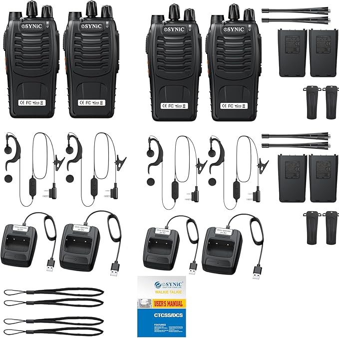 eSynic 4 Pack Professional Walkie Talkies VOX Walky Talky 5KM Long Range 2 Way Radio Rechargeable 16CH Handheld Radio with 4 Headsets for Camping/Hiking/Family/Job Site As Gifts for Kids& Adults