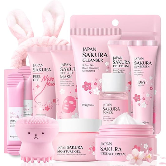 Skincare Kit Sakura Teen Girls Gifts - Skin Care Set Travel Size Toiletries - Sakura Skin Care for Teens 10-12 Hydrating - Teen Facial Kit Gift Set for Women with Bunny Headband（12PCS）