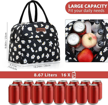 Insulated Lunch Bag for Women Men, Lunch Containers Reusable High Capacity Lunch Tote Bags for for Work Picnic(Black Daisy)