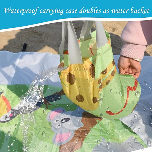 6.5 X 6.5 Ft Baby Beach Pool, 2 in 1 Portable Kids Beach Play Pool Puddle Toddler Beach Blanket and Kiddie Pools Green Cartoon Childs Sand Pit Paddling Pools with Water Bag for Boys Girls Outdoors