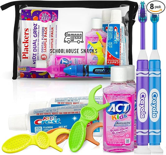 Kids Travel Size Toiletries Bag with Essential Oral Care Items - Bundled with Crest Kids Toothpaste, Travel toothbrush kids, ACT Mouthwash, Floss Packs - Ideal Essentials for Children