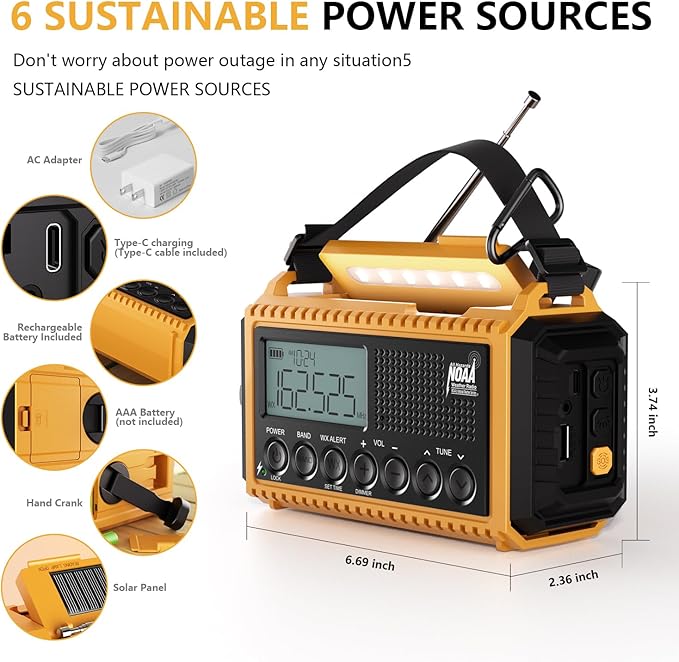 Emergency Radio12000mAh, Weather Radio 6 Ways Powered, Solar Hand Crank Radio Flashlight Cell Phone Charger, AUTO NOAA AM/FM/SW Portable Radio Rechargeable, Reading Lamp, SOS Alarm for Emergencies