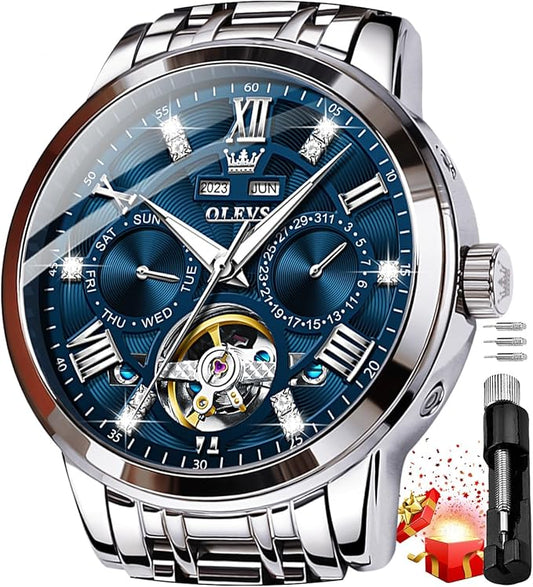 OLEVS Mens Automatic Watches Gold Luxury Diamond Dress Self Winding Mechanical Skeleton Tourbillon Stainless Steel Wrist Watch