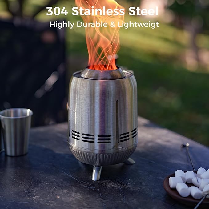 KingCamp Smokeless Fire Pit, Ultralight Stainless Steel Fire Pits Portable Camping Stove with Stand, Removable Ash Pan & Carry Bag for Camping Outdoor Bonfire Patio Backyard Chisel Steel