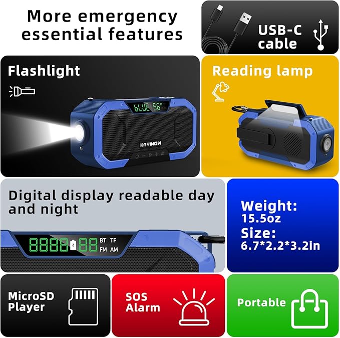 KAYINOW Emergency NOAA Weather Radio, Solar Hand Crank FM AM Radio with Bluetooth Speaker, 5000mAh Battery Powered Phone Charger, Flashlight, IPX5 Waterproof, SOS Alarm for Survival Hurricane Camping