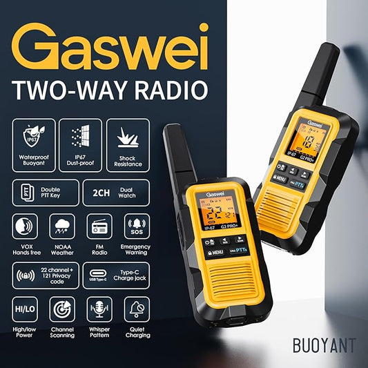 G2pro+ IP67 Waterproof Floating Heavy Duty Walkie Talkies Long Range for Adults FRS Double PTT，FM radio,SOS,NOAA weather Rechargeable Two Way Radios 2 watts,VOX,Li-ion Battery (2 Pack - Yellow)