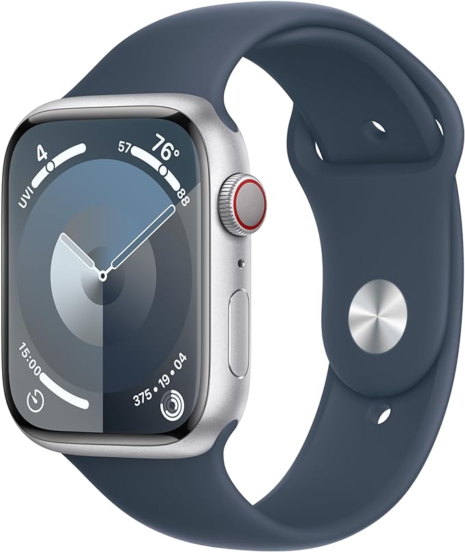 Apple Watch Series 9 [GPS + Cellular 45mm] Silver Aluminum Case with Storm Blue Sport Band S/M (Renewed)