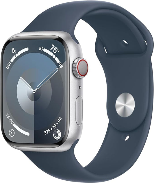 Apple Watch Series 9 [GPS + Cellular 45mm] Silver Aluminum Case with Storm Blue Sport Band S/M (Renewed)