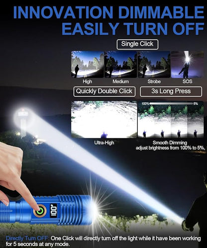 Rechargeable Flashlight High Lumens-12000LM Super Bright Magnetic Flash Light with Power Digital Display,3280Ft Long Range,Dimmable,Waterproof,Pocket Tactical LED Flashlights for Emergency, Blue, 1PC
