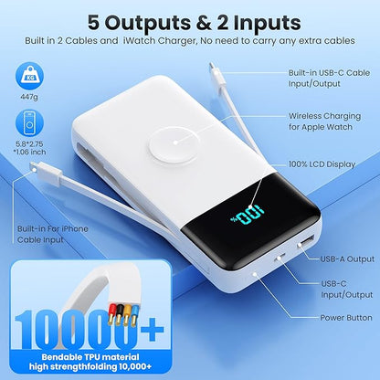 Portable Charger 40800mAh for iPhone with 2 Built-in Cable and iWatch Charger, 5-in-1 25W PD Fast Charging USB C Power Bank,QC4.0 LED Display Battery Pack for iPhone 16/15/14/13/12,Android,Apple Watch