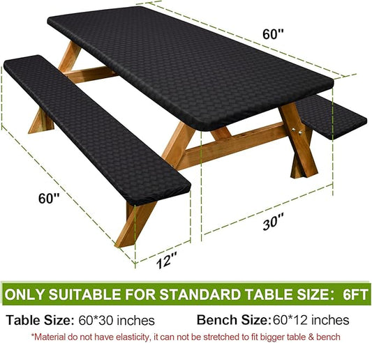 Picnic Table Cover with Bench Covers Camping Essentials Waterproof Windproof Camping Tablecloth with Drawstring Bag, Fitted Rectangle Tables and Seats, 60in, Black